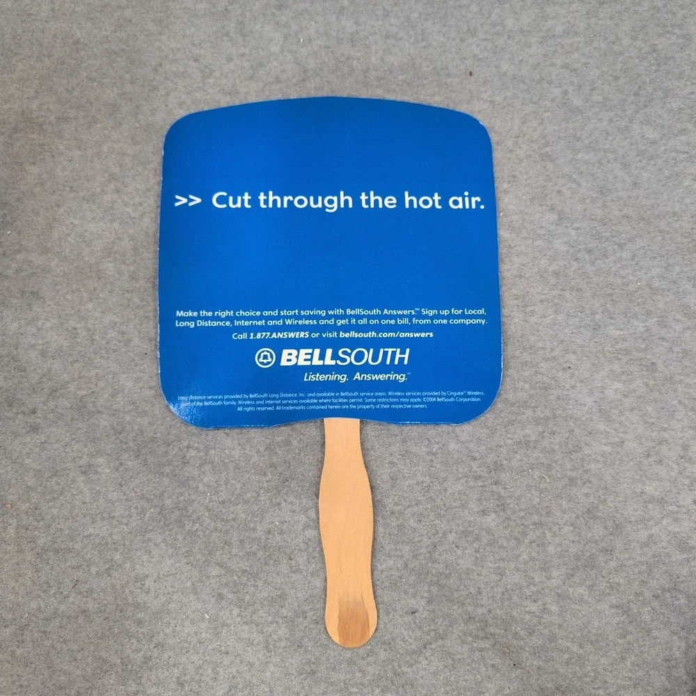 Vintage 2004 BellSouth Promotional Hand Fan Blue White Wood Handle Advertising - Picture 1 of 2
